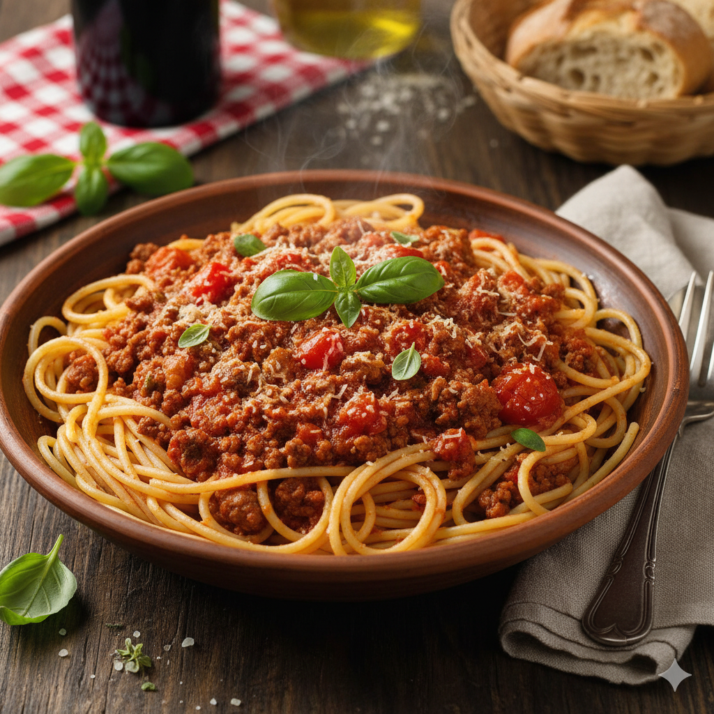 Spaghetti meat sauce, with side vegetables 